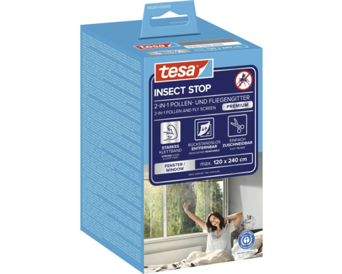tesa Insect Stop Premium 2 in 1 pollen- en vliegengaas voor ramen tot maximaal 120 bij 240 centimeter in antraciet inclusief klittenband.