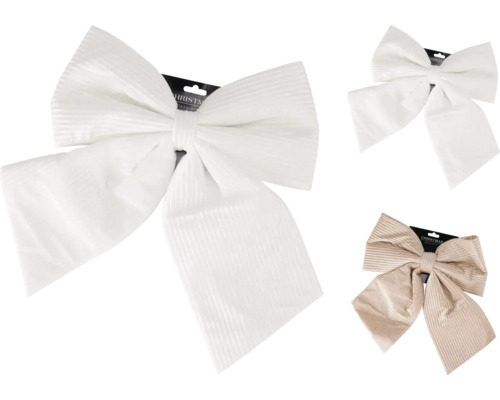 Decoratieve kerststrikken met ribstructuur in wit en beige.