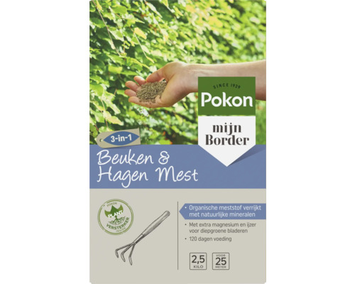 Pokon Beuken- en Hagenmest 3 in 1, 2,5 kilogram, organische meststof met magnesium en ijzer, voor 25 meter, 120 dagen voeding.