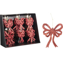 Rode kerstboomversiering in de vorm van een strik met glitters, set in doos en losse strik met ophangkoord.