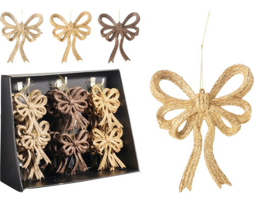 Kerstboomdecoratie set strikken met glitter in diverse metallic tinten, twaalf stuks.