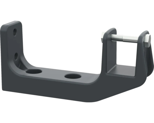 Donkergrijze metalen beugel met montagegaten en een zeskantbout.
