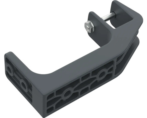 Donkergrijze kunststof klemhouder met bout en moer voor het bevestigen van panelen.