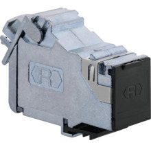 Afgeschermde RJ45 netwerkmodule van metaal met stofkap voor Keystone-aansluitingen.