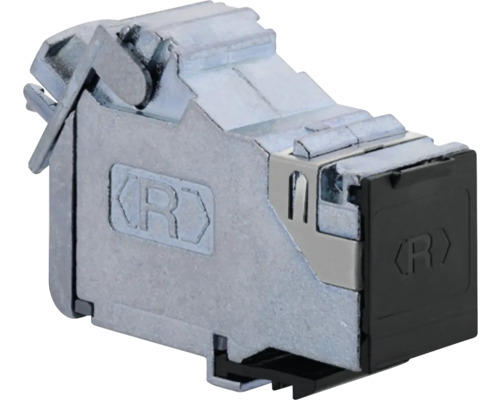 Afgeschermde RJ45 netwerkmodule van metaal met stofkap voor Keystone-aansluitingen.