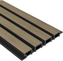 WPC wandpaneel met houtlook, lamellenstructuur en zwart profiel.