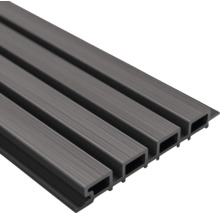 Antracietkleurig wandpaneel van hout-kunststof-composiet met lamellenlook, holkamerprofiel en gestructureerd oppervlak.