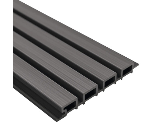 Antracietkleurig wandpaneel van hout-kunststof-composiet met lamellenlook, holkamerprofiel en gestructureerd oppervlak.
