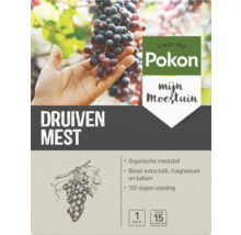Pokon Biologische Druivenmest, verpakking van 1 kilogram voor 15 planten. Bevat extra kalk, magnesium en kalium voor 120 dagen voeding.
