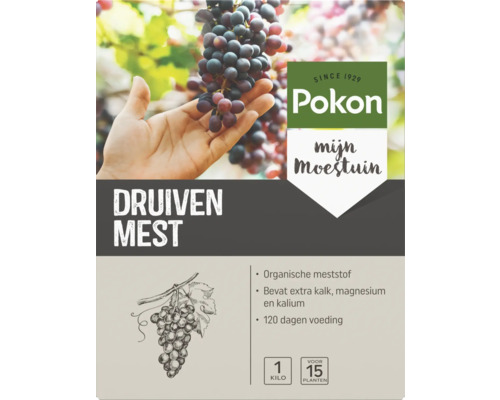 Pokon Biologische Druivenmest, verpakking van 1 kilogram voor 15 planten. Bevat extra kalk, magnesium en kalium voor 120 dagen voeding.