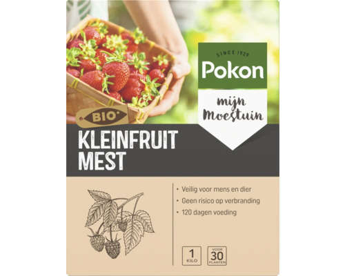 Pokon Logo, Kleinfruit Mest voor de moestuin, Bio, 1 kilogram voor 30 planten, 120 dagen voeding, veilig voor mens en dier.