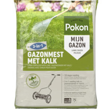 Pokon Logo. Gazonmest met kalk voor 75 vierkante meter, 3-in-1 formule voor voeding, kalk en plantversterking tegen mos.
