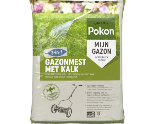 Pokon Logo. Gazonmest met kalk voor 75 vierkante meter, 3-in-1 formule voor voeding, kalk en plantversterking tegen mos.