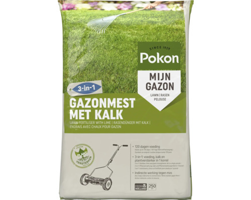 Pokon Gazonmest met Kalk, 3-in-1 formule voor voeding, kalk en plantversterker, 120 dagen voeding, geschikt voor 250 vierkante meter.