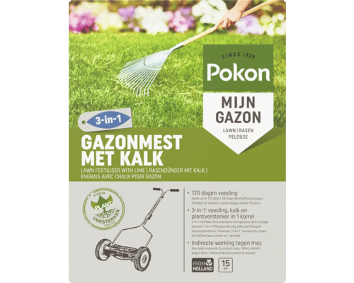 Pokon Logo, Gazonmest met kalk, 3 in 1 voeding, kalk en plantversterker in 1 korrel, 120 dagen voeding, voor 15 vierkante meter.