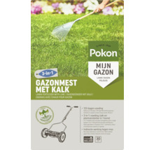 Hand met metalen hark op groen gazon. Pokon Logo. Gazonmest met Kalk, 3 in 1 voeding, indirecte werking tegen mos, voor 30 vierkante meter.