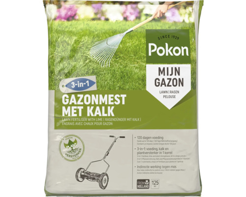 Pokon gazonmest met kalk 3-in-1 voor 125 vierkante meter. Voedt tot 120 dagen en werkt tegen mos.