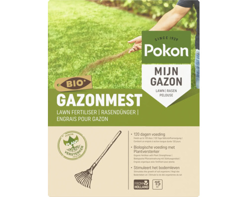 Pokon Bio Gazonmest voor 15 vierkante meter, 120 dagen voeding, biologische voeding met plantversterker ter stimulering van het bodemleven.