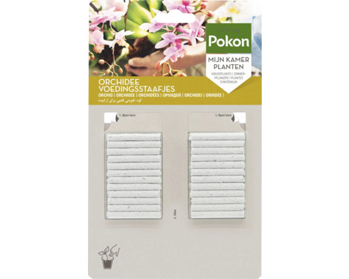 Pokon Logo. Orchidee voedingsstaafjes voor kamerplanten in een blisterverpakking.