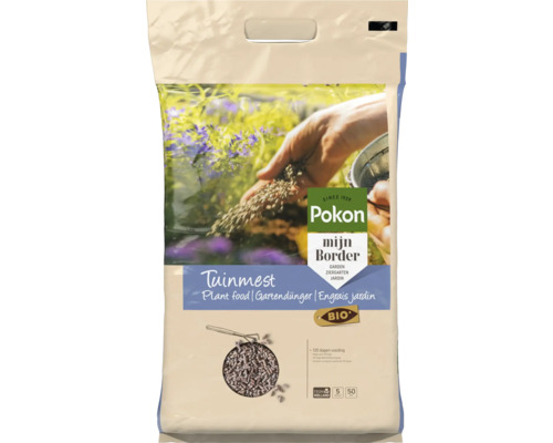 Zak van 5 kilogram Pokon Bio tuinmest voor borders, biedt 120 dagen voeding voor maximaal 50 vierkante meter.