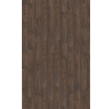 Donkerbruine laminaatvloer met houtlook, natuurlijke nerf en noesten in een verspringend plankpatroon.