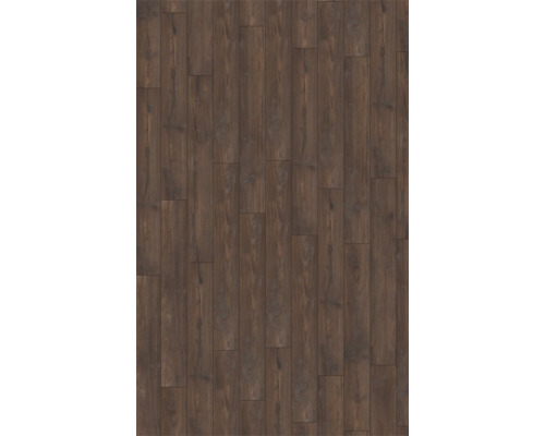 Donkerbruine laminaatvloer met houtlook, natuurlijke nerf en noesten in een verspringend plankpatroon.