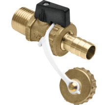 Messing kogelkraan voor vullen en aftappen met een halve inch buitendraad, slangtule, zwarte vleugelgreep en afsluitkap aan band.