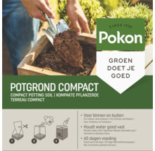 Hand schept compacte potgrond in een plantenbak, Pokon Logo, voor binnen en buiten, 60 dagen voeding, levert 10 liter potgrond op.