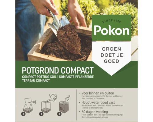 Hand schept compacte potgrond in een plantenbak, Pokon Logo, voor binnen en buiten, 60 dagen voeding, levert 10 liter potgrond op.