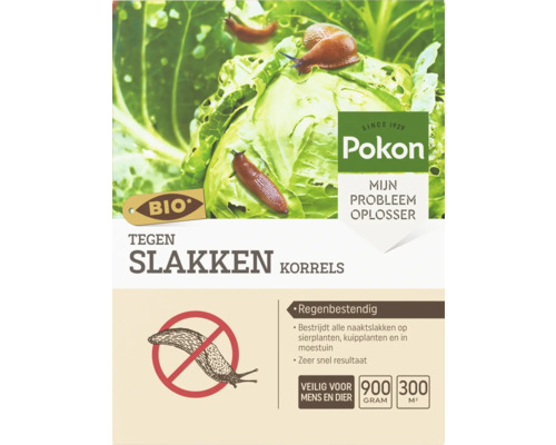 Pokon Logo. Biologische slakkenkorrels tegen naaktslakken, regenbestendig, veilig voor mens en dier, 900 gram voor 300 vierkante meter.