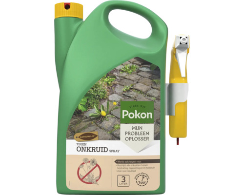 Pokon Onkruidspray 3 liter tegen onkruid in een groene kan met spuitlans voor bestrating, beplanting en moestuin.