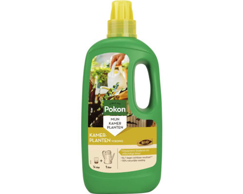 Pokon vloeibare kamerplantenvoeding BIO 1 liter fles met doseerdop voor gezonde groei en diepgroene bladeren.