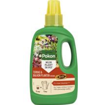 Pokon Bio vloeibare plantenvoeding voor terras- en balkonplanten in een groene fles van 1 liter met gele doseerdop. Pokon Logo op het etiket.