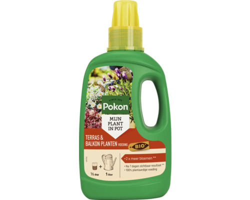 Pokon Bio vloeibare plantenvoeding voor terras- en balkonplanten in een groene fles van 1 liter met gele doseerdop. Pokon Logo op het etiket.