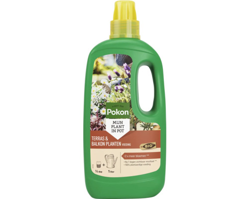Pokon Logo. Pokon Terras en Balkon Planten Voeding, 1 liter fles, biologische en plantaardige voeding voor potplanten.
