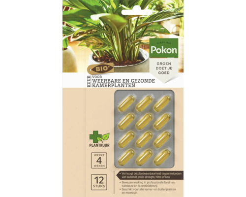 Pokon Bio plantkuur voor weerbare en gezonde kamerplanten, verpakking met twaalf capsules, werkt vier weken.