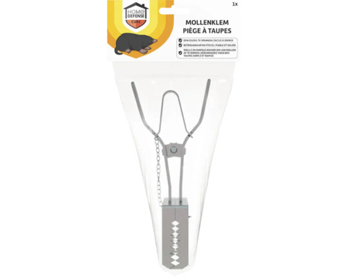 Mollenklem van metaal met ketting in een verpakking met Home Defense Logo.