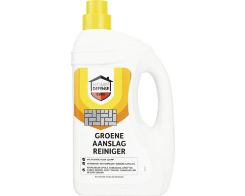 Home Defense Cure Groene Aanslag Reiniger in witte fles met gele dop, voor terrassen en muren, voldoende voor 100 vierkante meter.