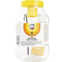 Home Defense Cure wespenval van transparante kunststof met een gele deksel en een afbeelding van een wesp op het etiket.