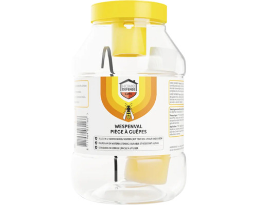 Home Defense Cure wespenval van transparante kunststof met een gele deksel en een afbeelding van een wesp op het etiket.
