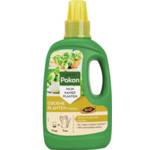 Pokon Bio vloeibare voeding voor groene kamerplanten in een groene fles van 1 liter met gele doseerdop.