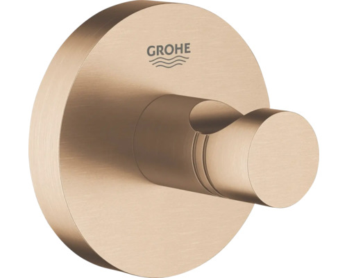 Grohe handdoekhaak van geborsteld metaal met ronde muurplaat en Grohe Logo.