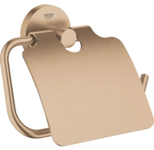 Grohe toiletrolhouder met klep van geborsteld metaal in koperoptiek voor wandmontage.
