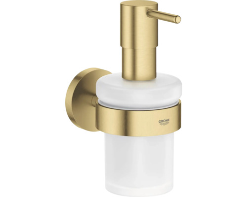 GROHE Zeepdispenser Start brushed cool sunrise Wandzeepdispenser van Grohe van wit glas met houder en pompkop van geborsteld metaal in goudlook.