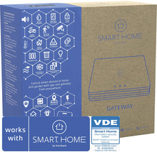 Verpakking voor de SMART HOME by hornbach Gateway met symbolen voor compatibele apparaten en VDE-keurmerk voor informatiebeveiliging.