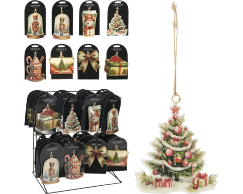 Diverse platte kerstboomhangers met vintage illustraties van kerstbomen, notenkrakers en sneeuwpoppen op een displaystandaard.