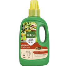 Pokon biologische vloeibare plantenvoeding voor mediterrane planten in een fles met handvat en gele dop.