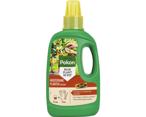 Pokon biologische vloeibare plantenvoeding voor mediterrane planten in een fles met handvat en gele dop.