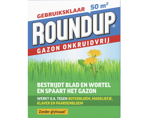 Gebruiksklare Roundup Gazon Onkruidvrij voor 50 vierkante meter. Bestrijdt blad en wortel, spaart het gazon en is zonder glyfosaat.