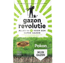 Verpakking Pokon Gazon Revolutie alles-in-1 gazonverzorging met graszaad, meststof en bodemverbeteraar voor 150 vierkante meter, 7,5 kilogram.